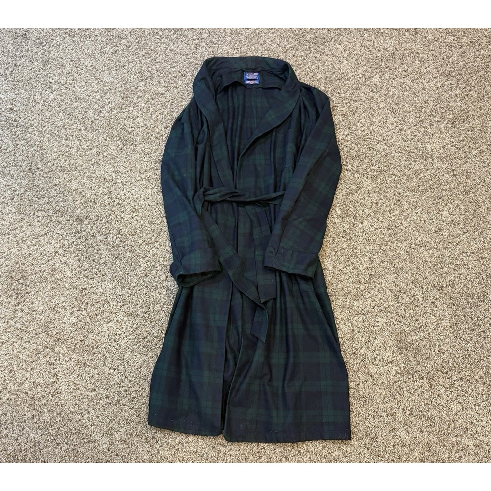 Pendleton Men's Plaid 100% Wool Robe Large Classic Blue Green Tartan Loungewear